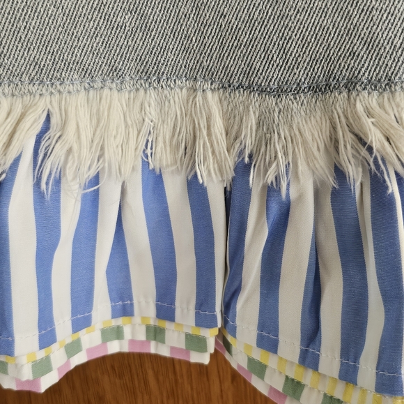 NWT Unique Akira denim skirt with multi-color striped ruffle trim - Picture 3 of 9